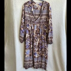 R. Vivimos Brown Lilac Nightgown Dress Long Sleeve Tie Neck Size Large